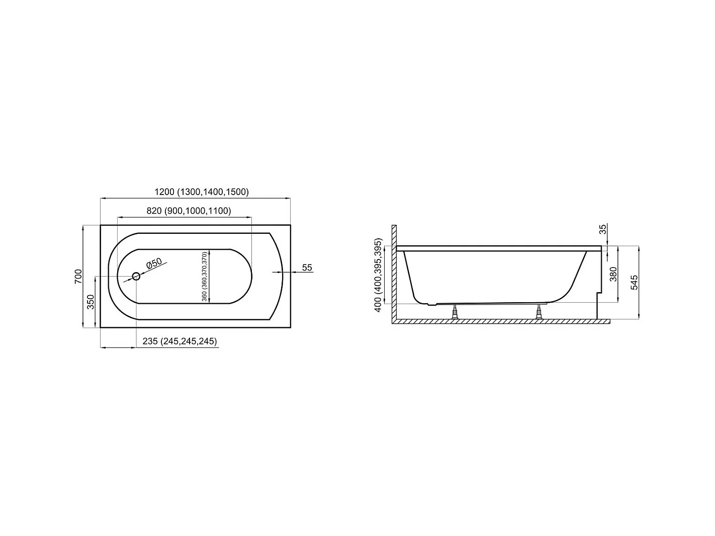 Badewanne Rechteck CLASSIC 120x70 mit AcrylSchürze | Ablauf & Füße GRATIS !