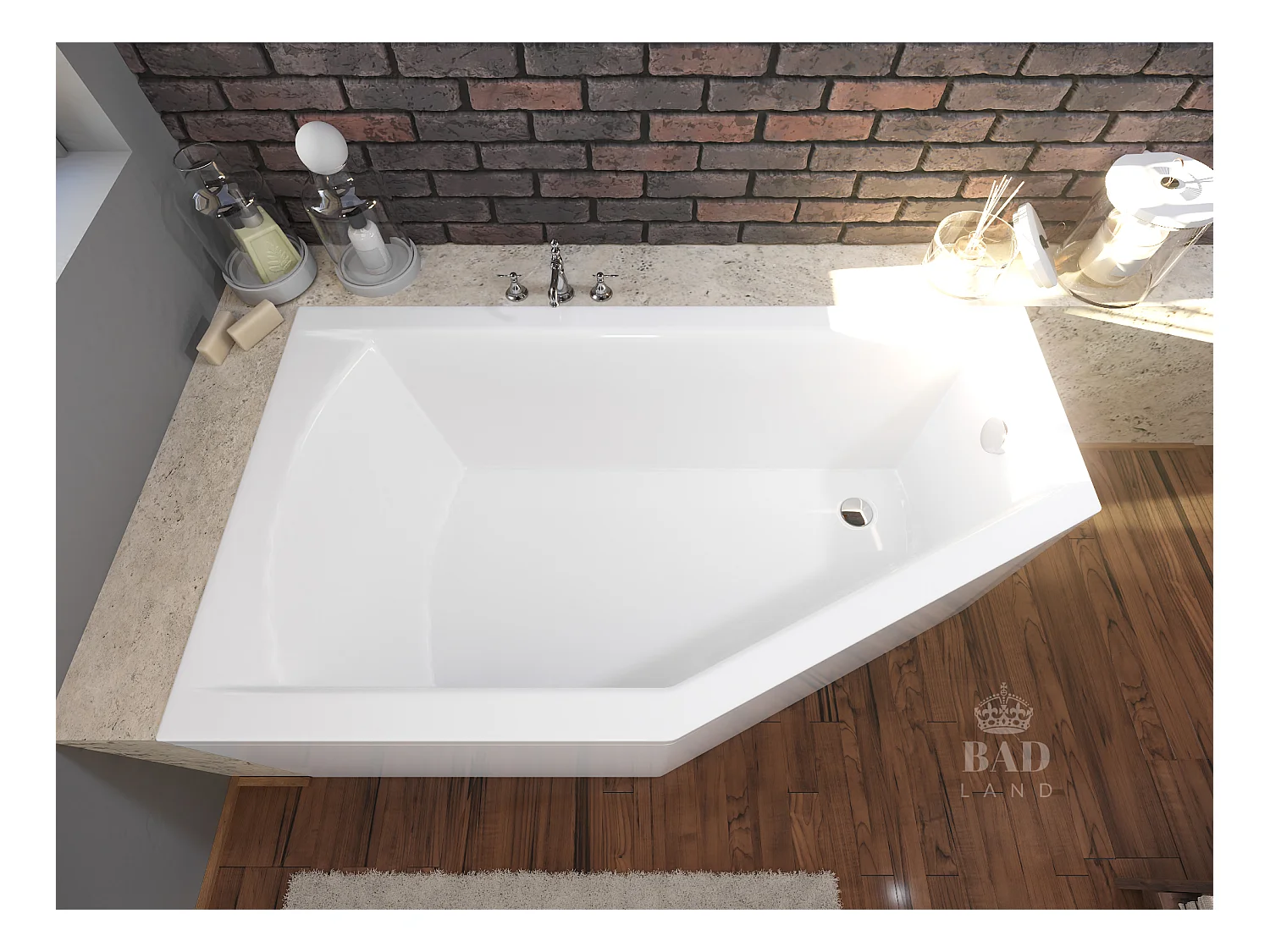 Baignoire asymétrique 160x90 Gauche SELENA acrylique blanc + avec Tablier + Pieds + Vidage à chromé