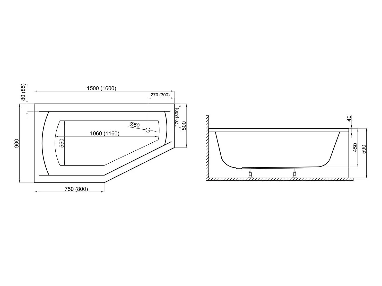 Badewanne Eckwanne SELENA 160x90 Links mit AcrylSchürze | Ablauf & Füße GRATIS !