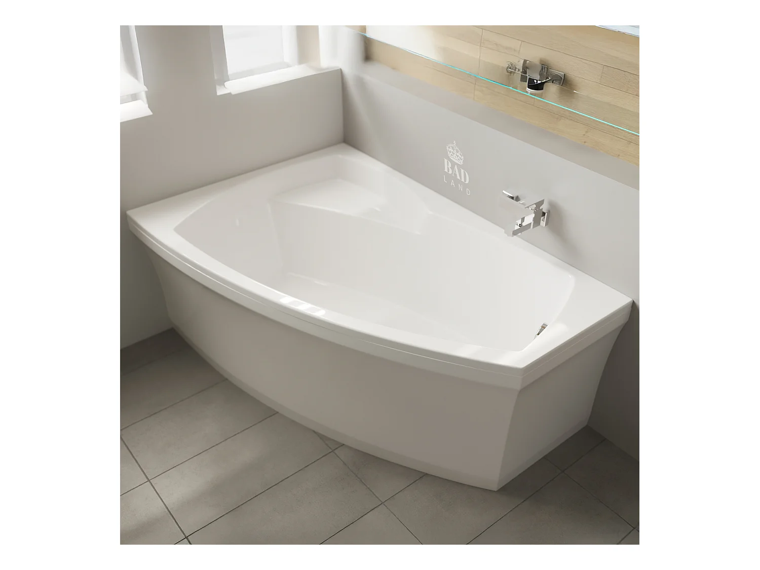 Baignoire asymétrique 160x105 Droite FRIDA acrylique blanc + avec Tablier + Pieds + Vidage à chromé