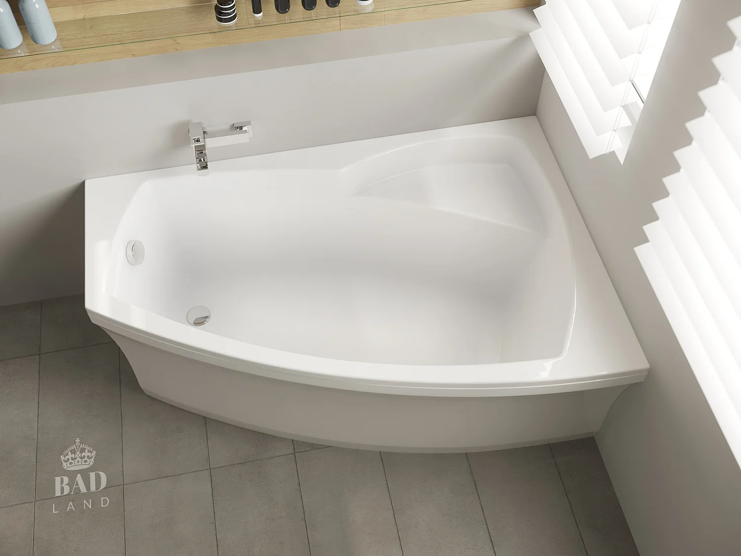Baignoire asymétrique 160x105 Droite FRIDA acrylique blanc + avec Tablier + Pieds + Vidage à chromé