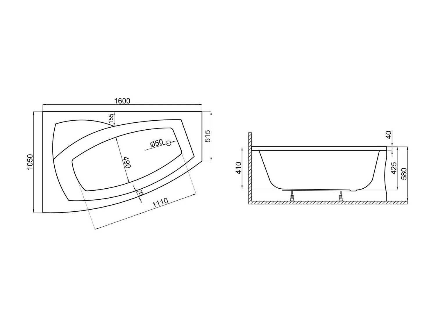 Baignoire asymétrique 160x105 Droite FRIDA acrylique blanc + avec Tablier + Pieds + Vidage à chromé