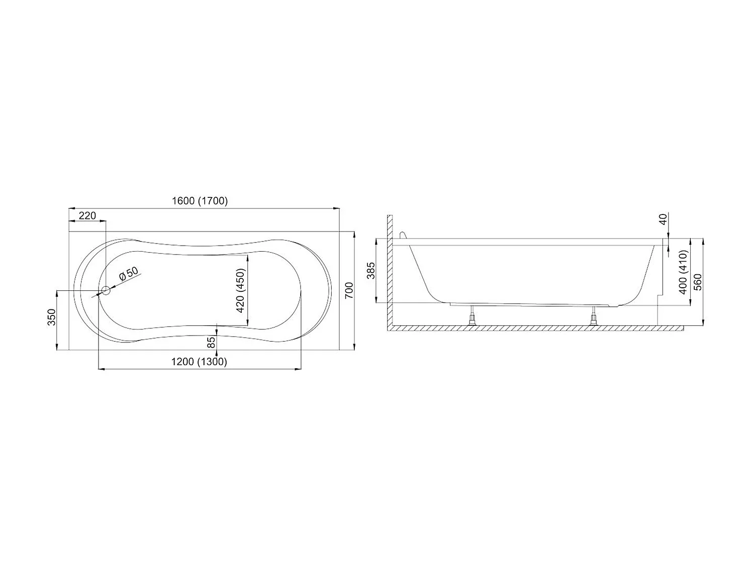 Badewanne Rechteck GRACJA 160x70 mit Wannenträger | Ablauf & Füße GRATIS !