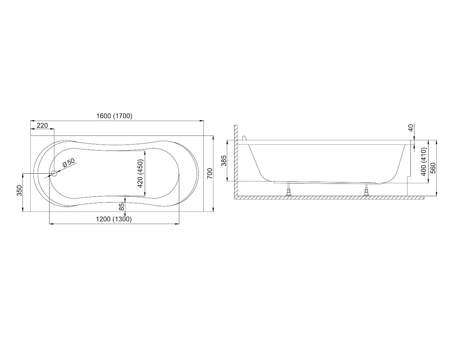 Badewanne Rechteck GRACJA 160x70 mit Wannenträger | Ablauf & Füße GRATIS !