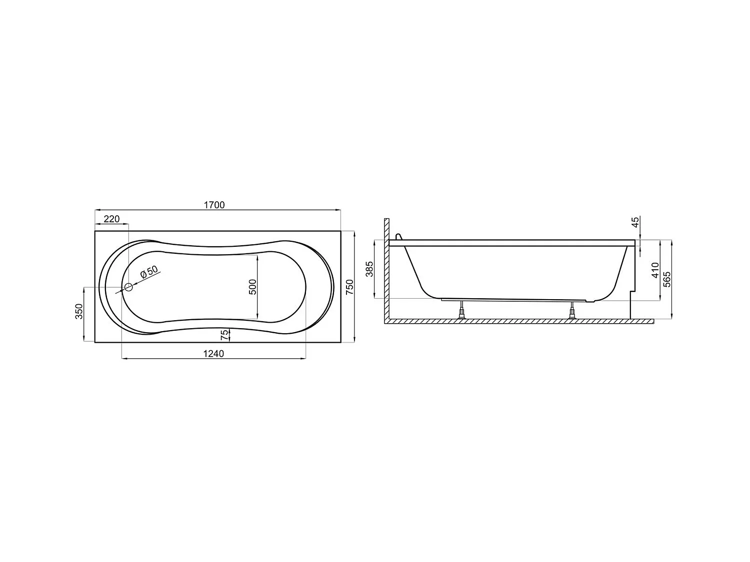Baignoire rectangulaire 170x75 GRACJA acrylique blanc + Support stabilisateur en polystyrène + Pieds + Vidage à chromé