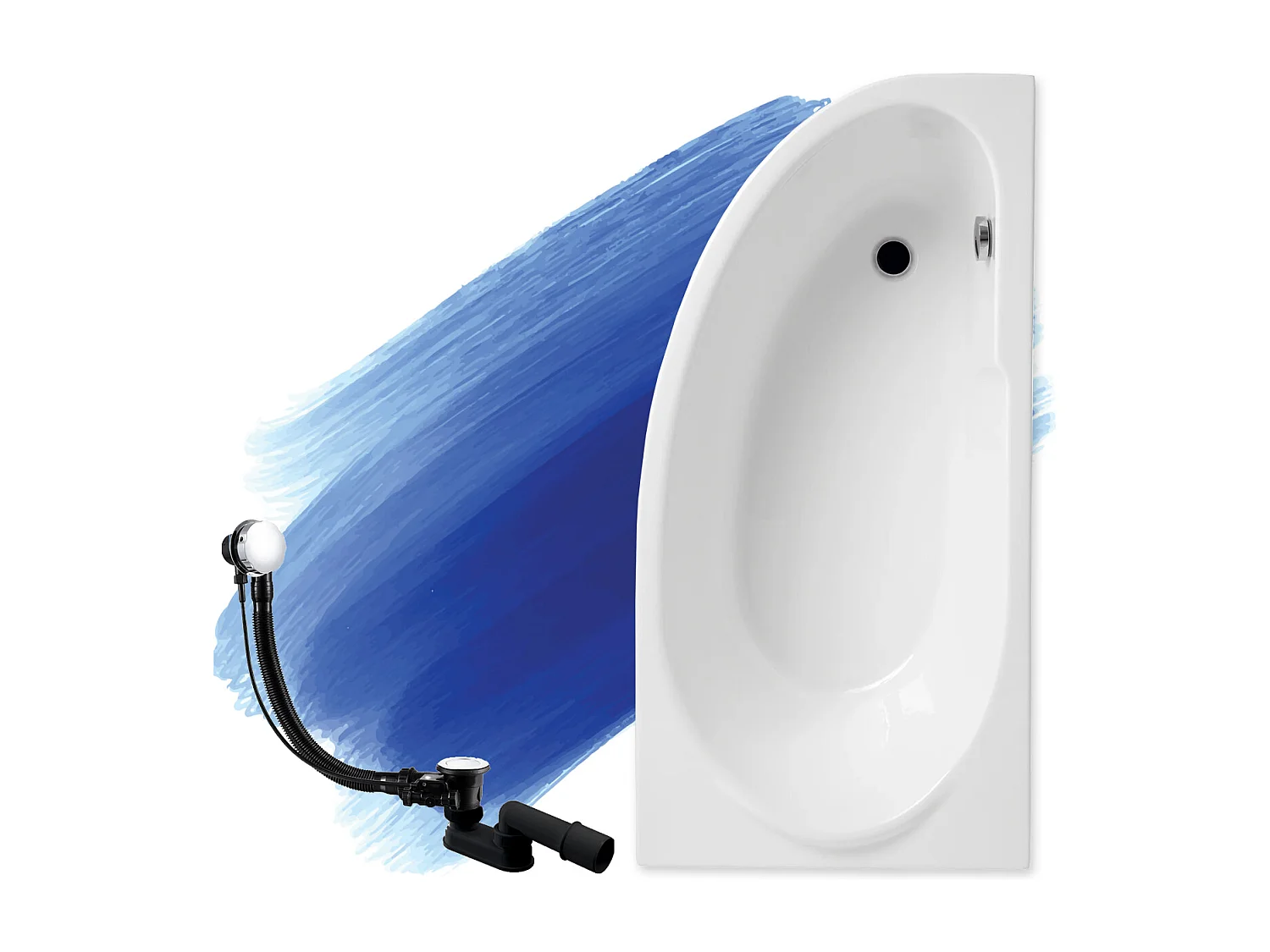 Baignoire asymétrique 140x70 Droite MIKI acrylique blanc, sans Habillage + Pieds + Vidage à chromé