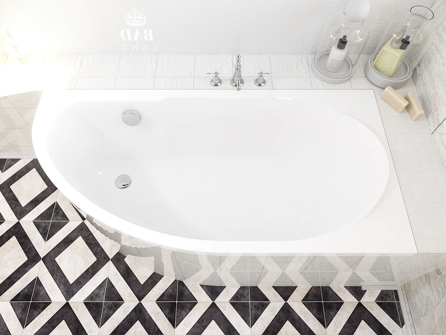 Baignoire asymétrique 140x70 Droite MIKI acrylique blanc, sans Habillage + Pieds + Vidage à chromé