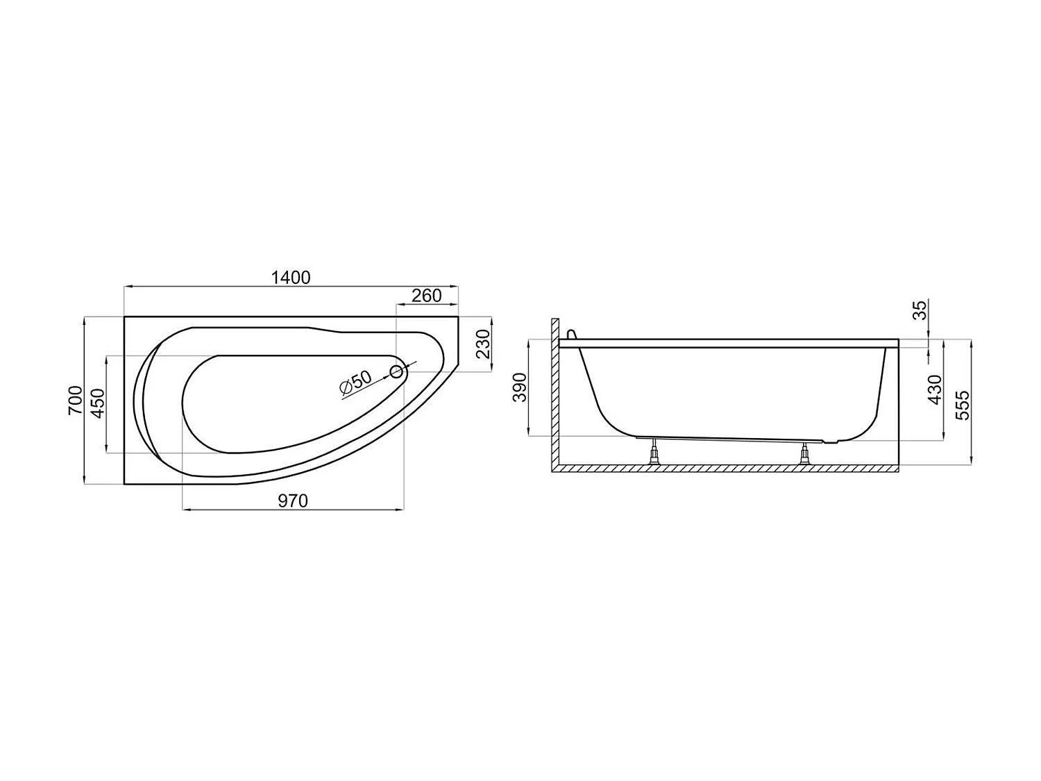 Baignoire asymétrique 140x70 Droite MIKI acrylique blanc, sans Habillage + Pieds + Vidage à chromé
