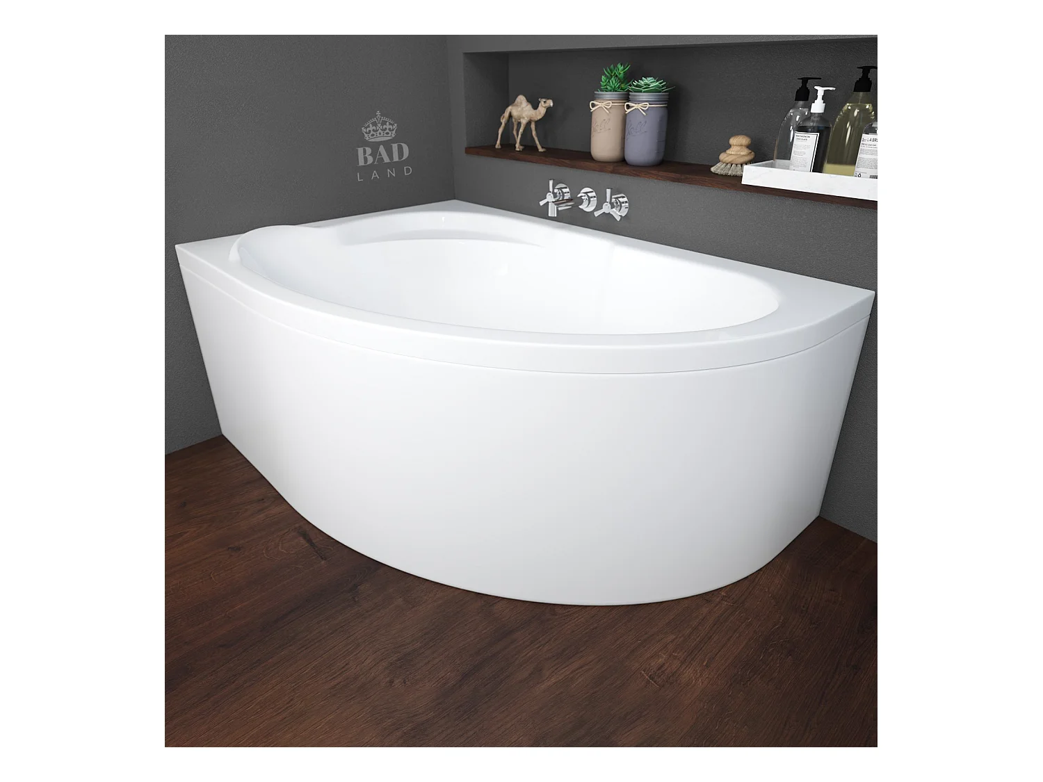 Baignoire asymétrique 130x85 Droite STANDARD acrylique blanc + avec Tablier + Pieds + Vidage à chromé