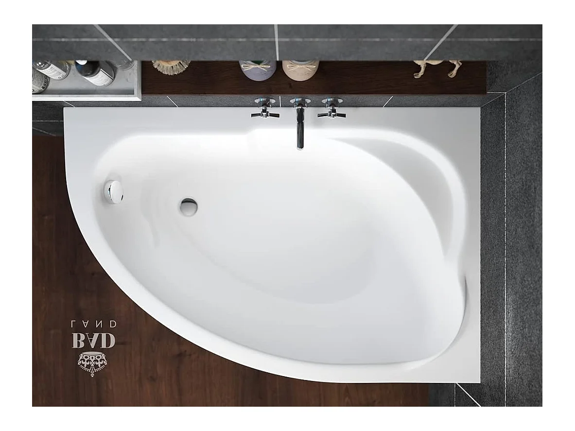 Baignoire asymétrique 130x85 Droite STANDARD acrylique blanc + avec Tablier + Pieds + Vidage à chromé