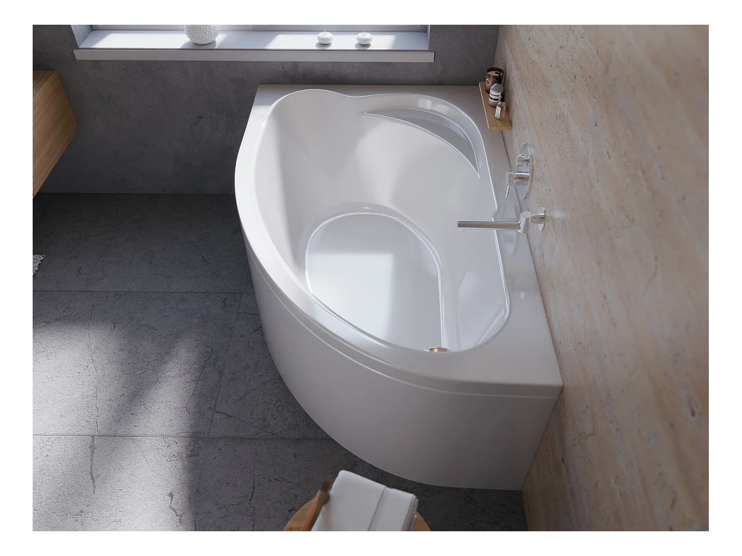 Baignoire asymétrique 130x85 Droite STANDARD acrylique blanc + avec Tablier + Pieds + Vidage à chromé