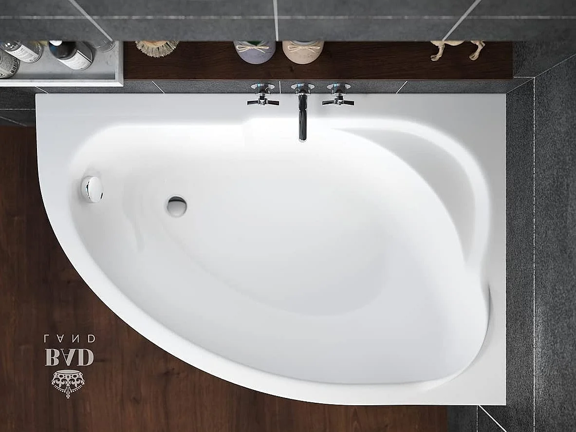 Baignoire asymétrique 130x85 Droite STANDARD acrylique blanc + avec Tablier + Pieds + Vidage à chromé