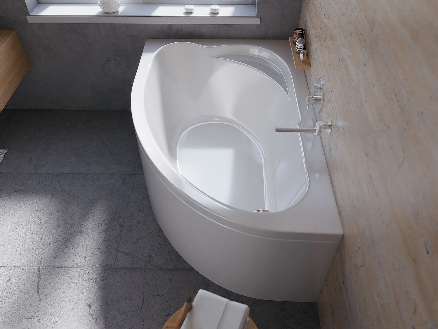 Baignoire asymétrique 130x85 Droite STANDARD acrylique blanc + avec Tablier + Pieds + Vidage à chromé