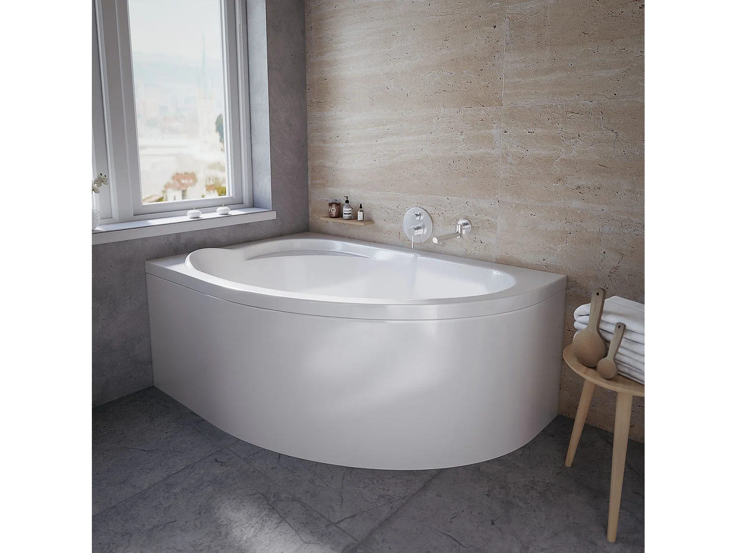 Baignoire asymétrique 130x85 Droite STANDARD acrylique blanc + avec Tablier + Pieds + Vidage à chromé