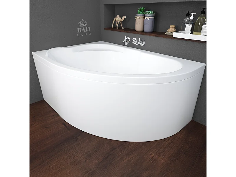 Baignoire asymétrique 130x85 Droite STANDARD acrylique blanc + avec Tablier + Pieds + Vidage à chromé