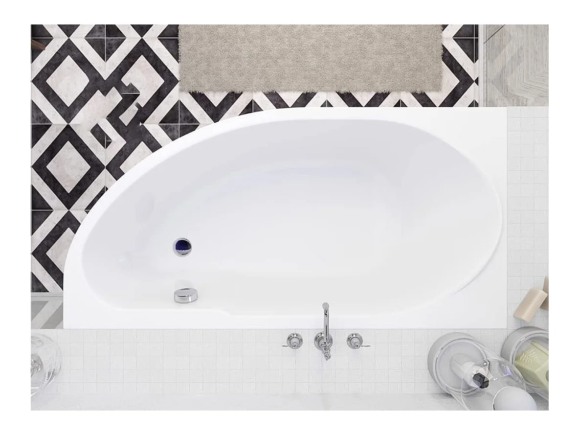 Baignoire asymétrique 145x85 Gauche MIKI acrylique blanc + Habillage en polystyrène + Pieds + Vidage à chromé