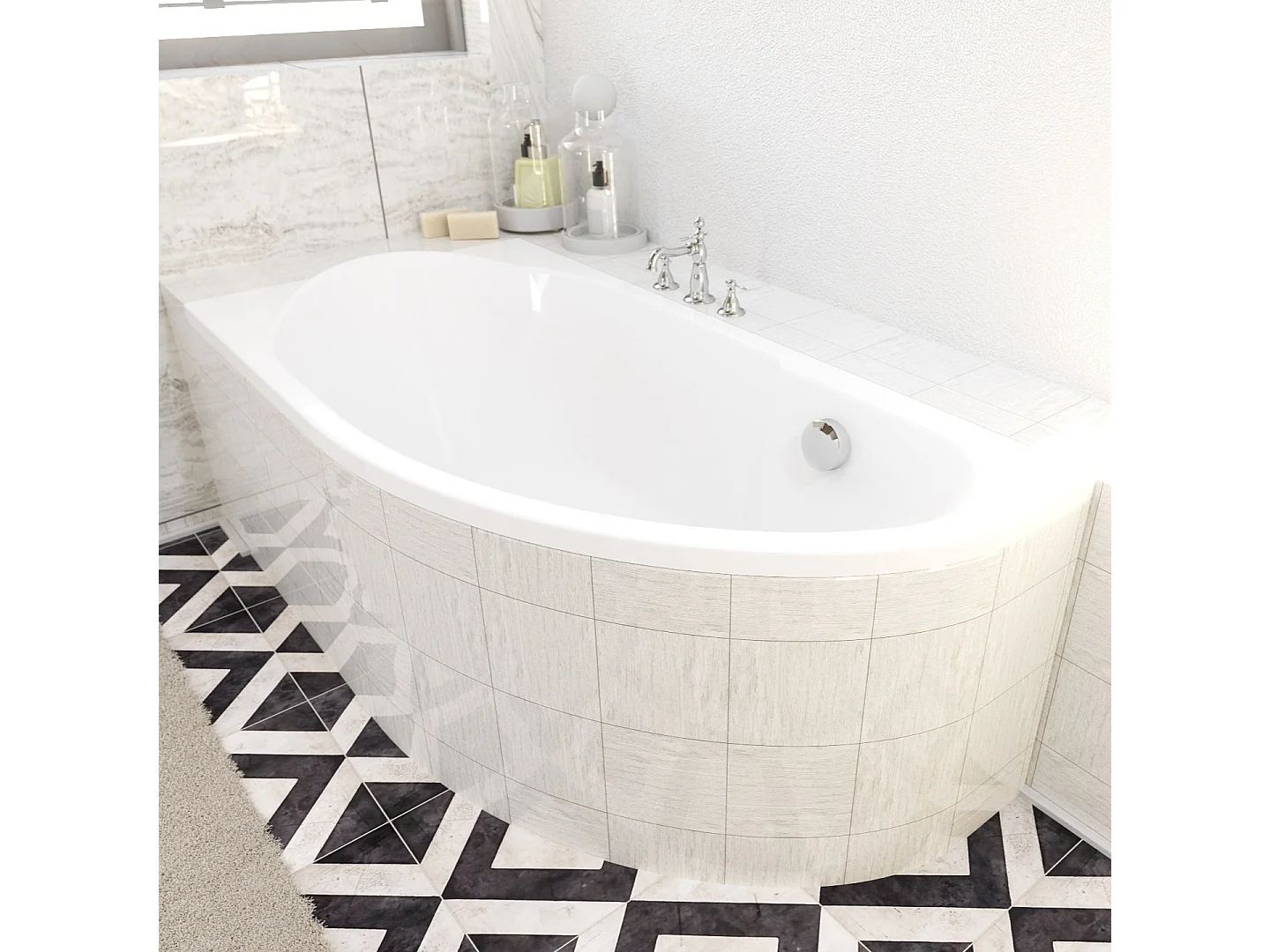 Baignoire asymétrique 145x85 Gauche MIKI acrylique blanc + Habillage en polystyrène + Pieds + Vidage à chromé