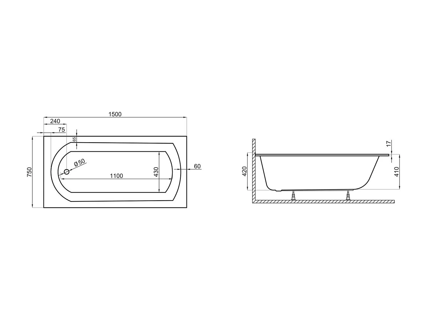 Baignoire rectangulaire 150x75 CLASSIC SLIM acrylique blanc, sans Habillage + Pieds + Vidage à chromé