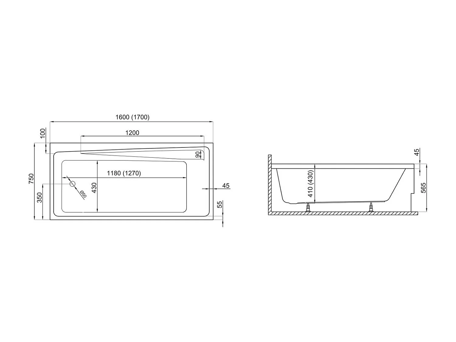 Baignoire rectangulaire 170x75 ELZA acrylique blanc + Support stabilisateur en polystyrène + Pieds + Vidage à chromé