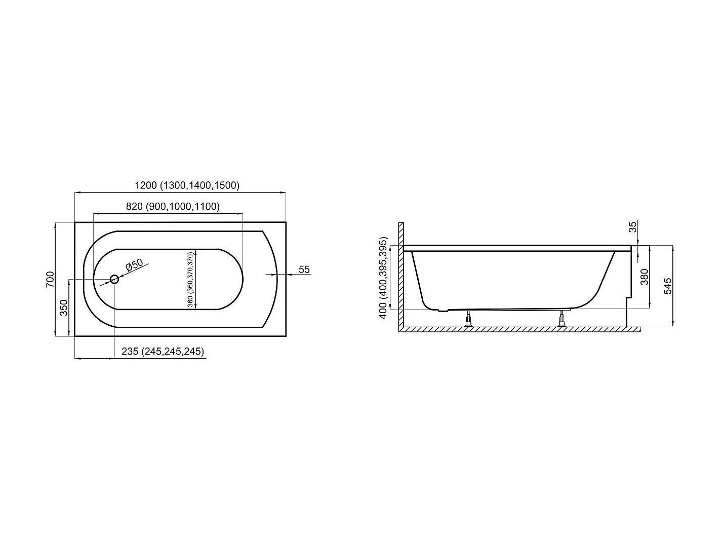 Baignoire rectangulaire 120x70 CLASSIC acrylique blanc + Habillage en polystyrène + Pieds + Vidage à chromé