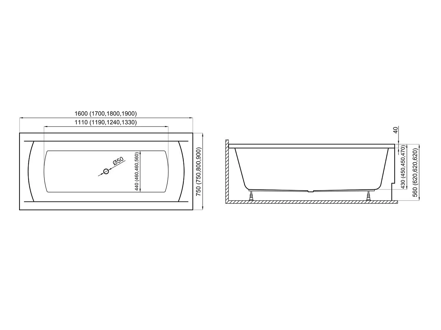 Baignoire rectangulaire 190x90 INES acrylique blanc + Habillage en polystyrène + Pieds + Vidage à chromé