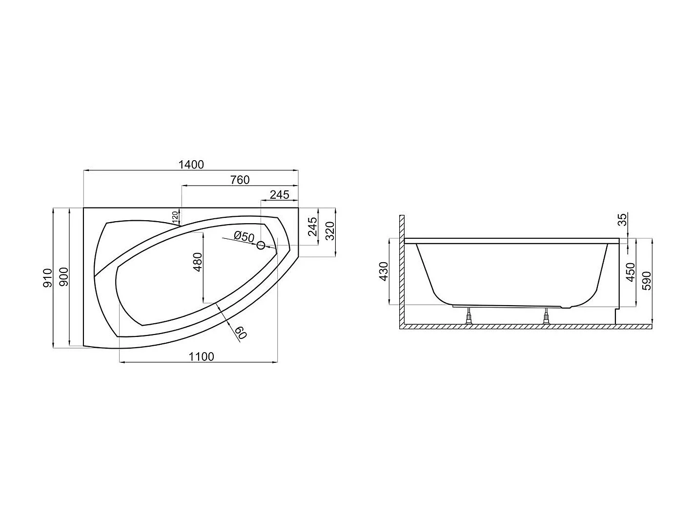 Baignoire asymétrique 140x90 Gauche FRIDA acrylique blanc + Habillage en polystyrène + Pieds + Vidage à chromé