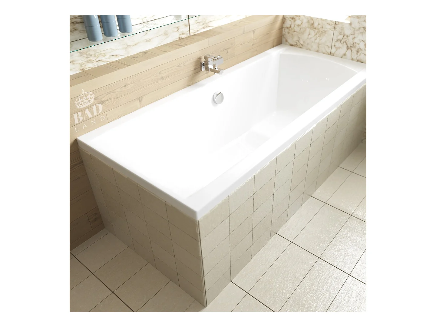 Baignoire rectangulaire 170x75 INES acrylique blanc + Habillage en polystyrène + Pieds + Vidage à chromé