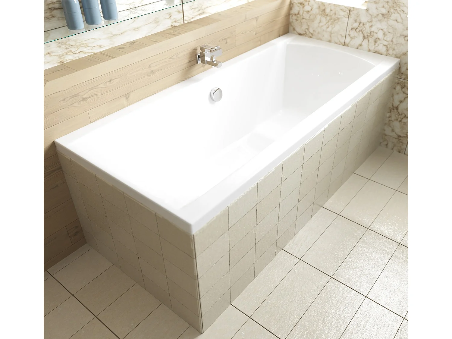 Baignoire rectangulaire 170x75 INES acrylique blanc + Habillage en polystyrène + Pieds + Vidage à chromé