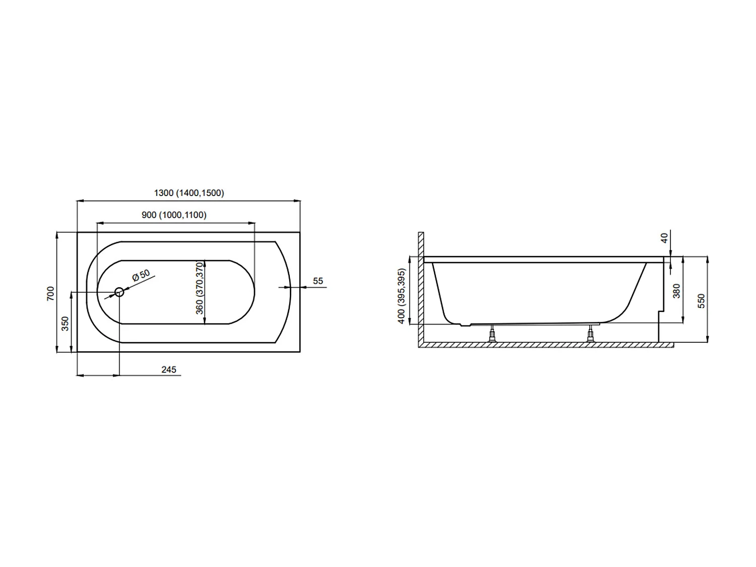 Baignoire rectangulaire 150x70 CLASSIC acrylique blanc + Support stabilisateur en polystyrène + Pieds + Vidage à chromé