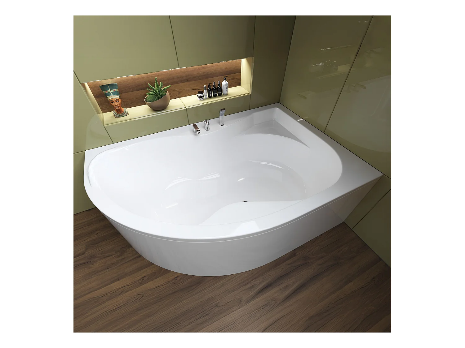 Baignoire asymétrique 170x110 Droite DORA acrylique blanc + avec Tablier + Pieds + Vidage à chromé