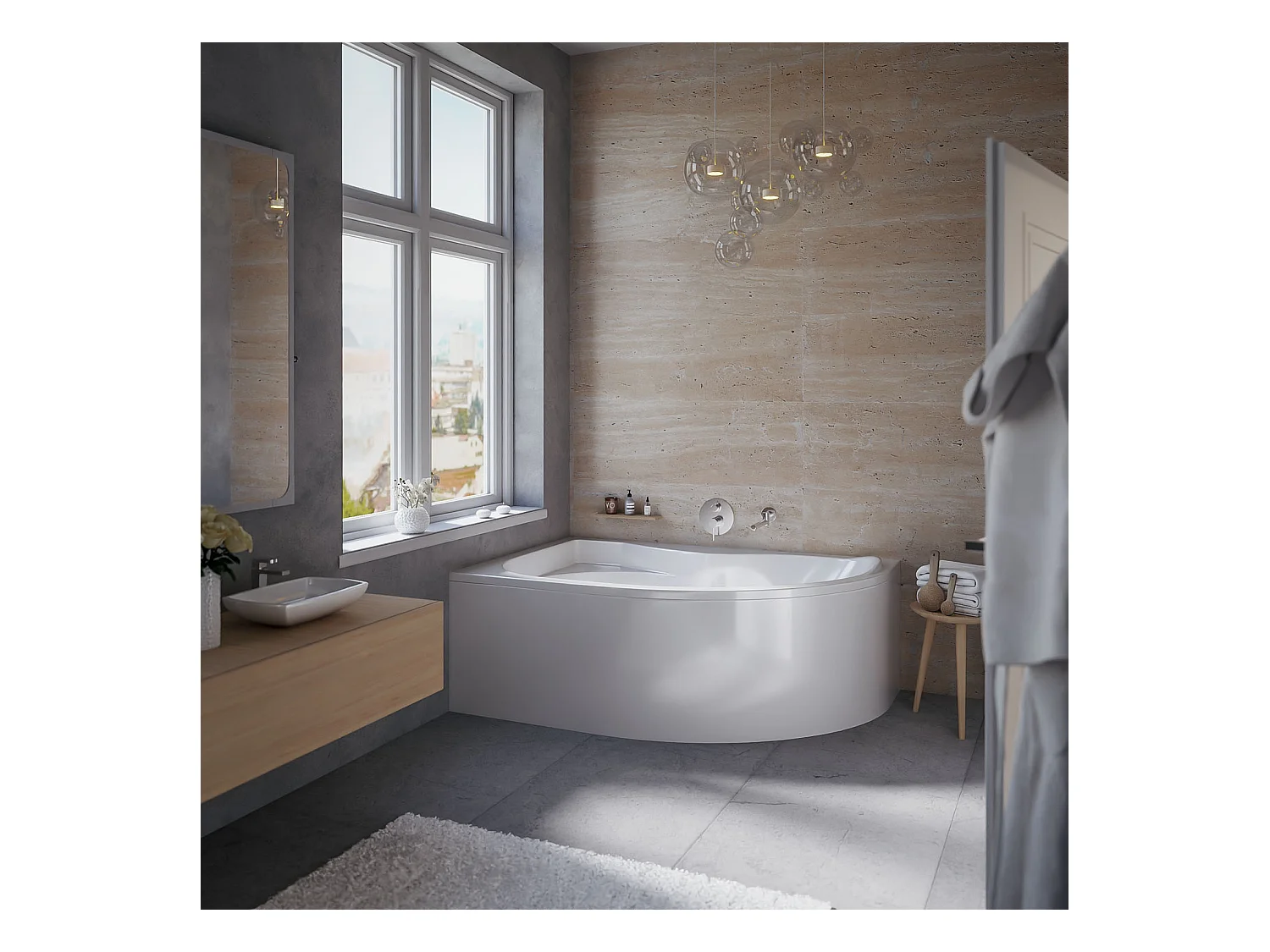 Baignoire asymétrique 170x110 Droite DORA acrylique blanc + avec Tablier + Pieds + Vidage à chromé