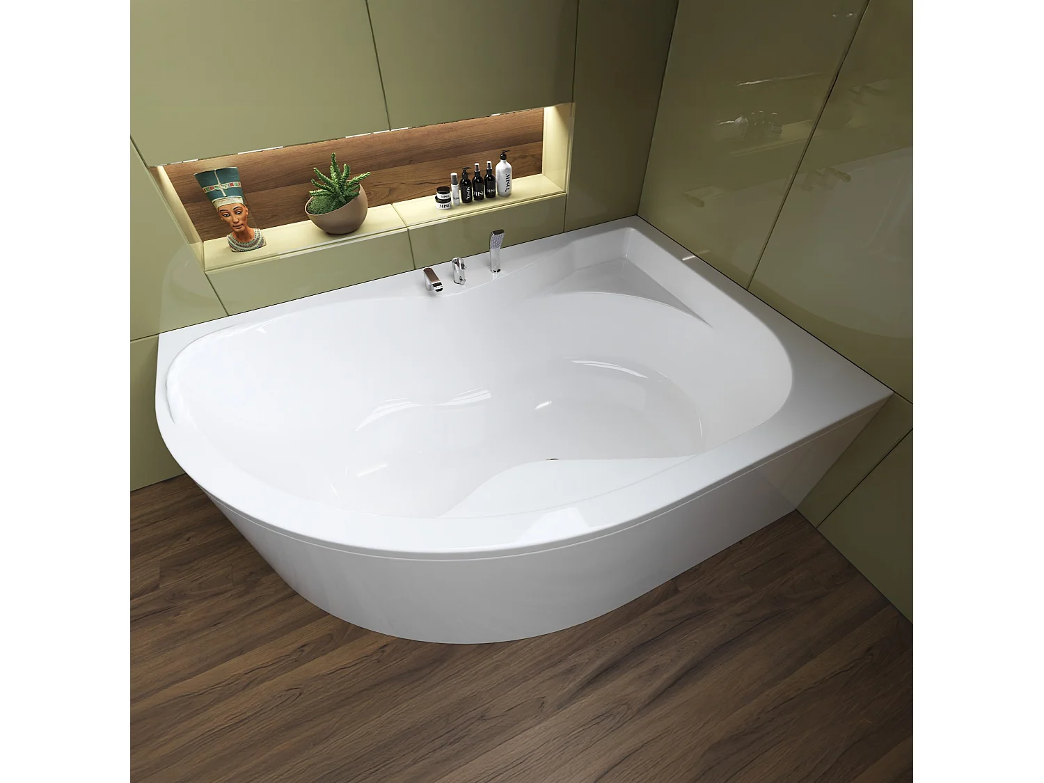 Baignoire asymétrique 170x110 Droite DORA acrylique blanc + avec Tablier + Pieds + Vidage à chromé