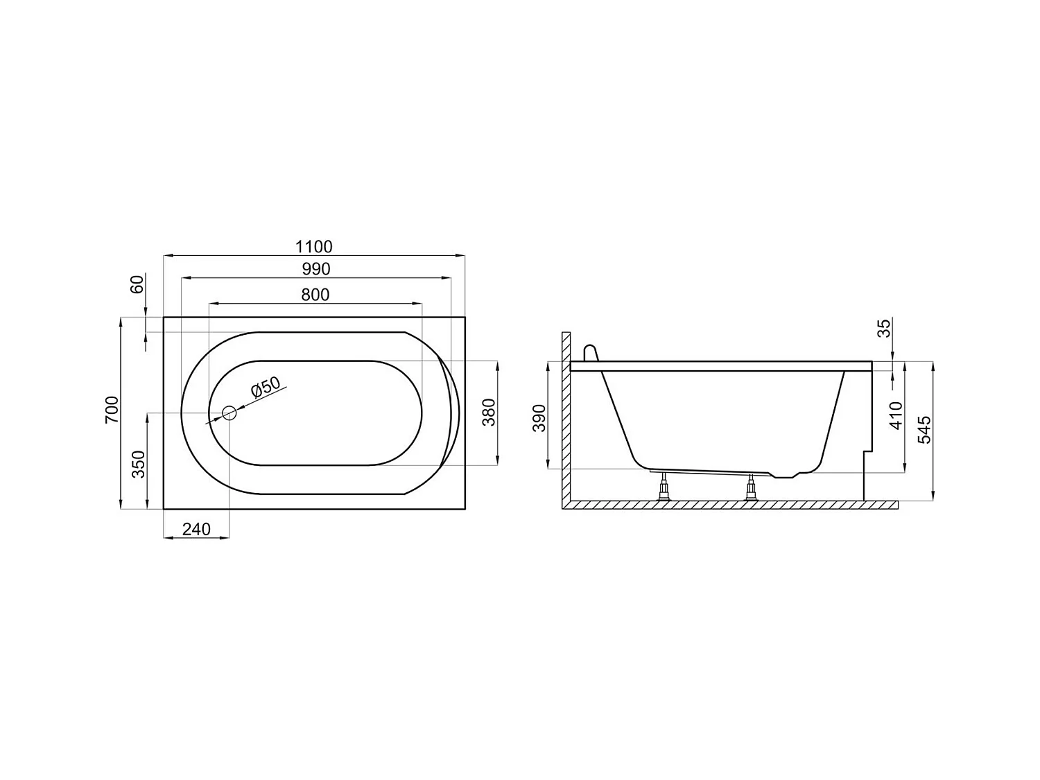 Baignoire rectangulaire 110x70 MINI acrylique blanc + Habillage en polystyrène + Pieds + Vidage à chromé