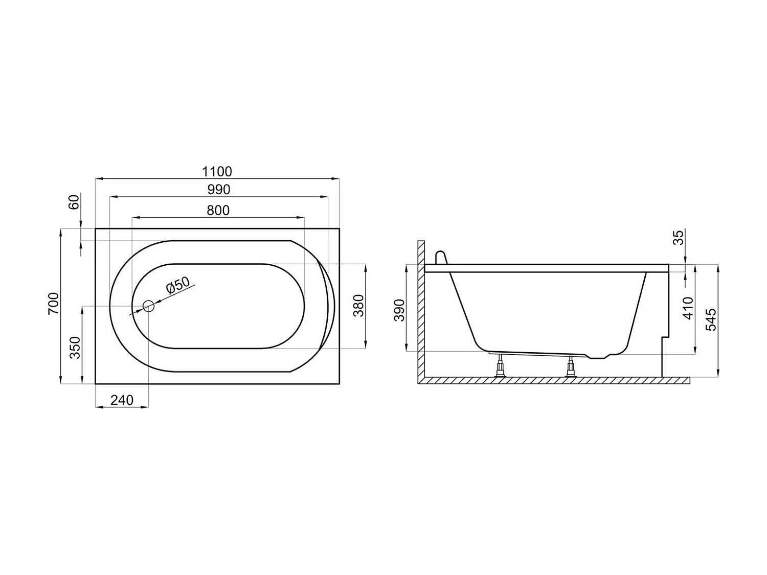 Baignoire rectangulaire 110x70 MINI acrylique blanc + Habillage en polystyrène + Pieds + Vidage à chromé