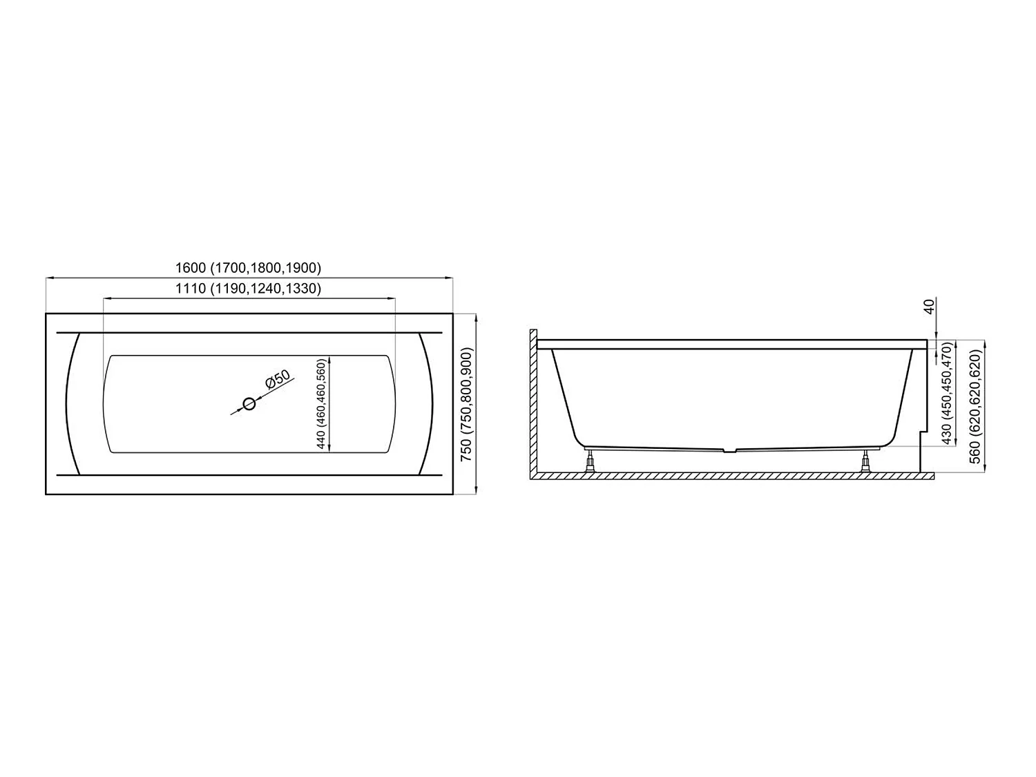 Baignoire rectangulaire 170x75 INES acrylique blanc + avec Tablier + Pieds + Vidage à chromé