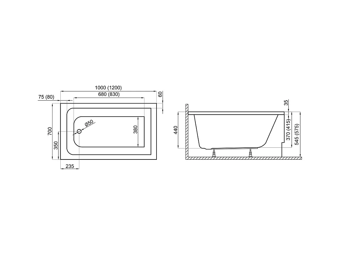 Baignoire rectangulaire 100x70 CAPRI acrylique blanc + Support stabilisateur en polystyrène + Pieds + Vidage à chromé