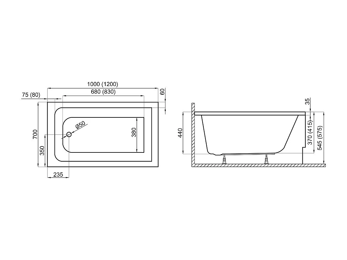 Baignoire rectangulaire 100x70 CAPRI acrylique blanc + Support stabilisateur en polystyrène + Pieds + Vidage à chromé