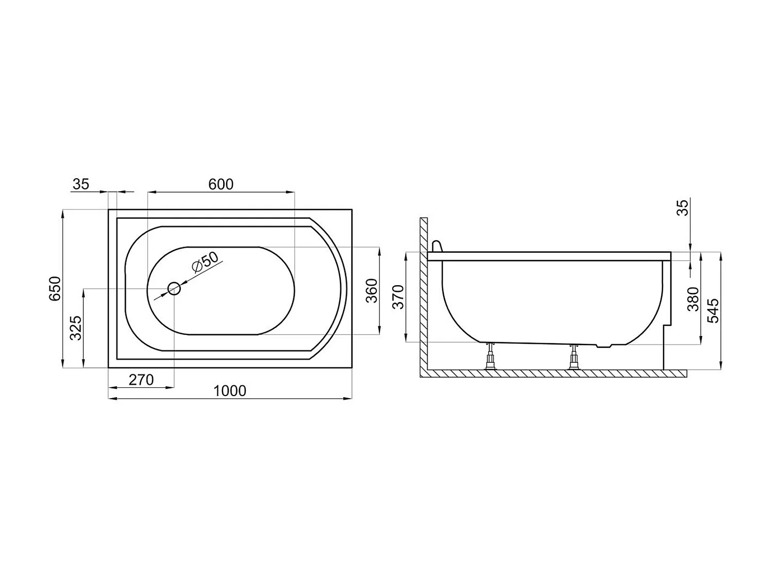 Baignoire rectangulaire 100x65 MINI acrylique blanc, sans Habillage + Pieds + Vidage à chromé