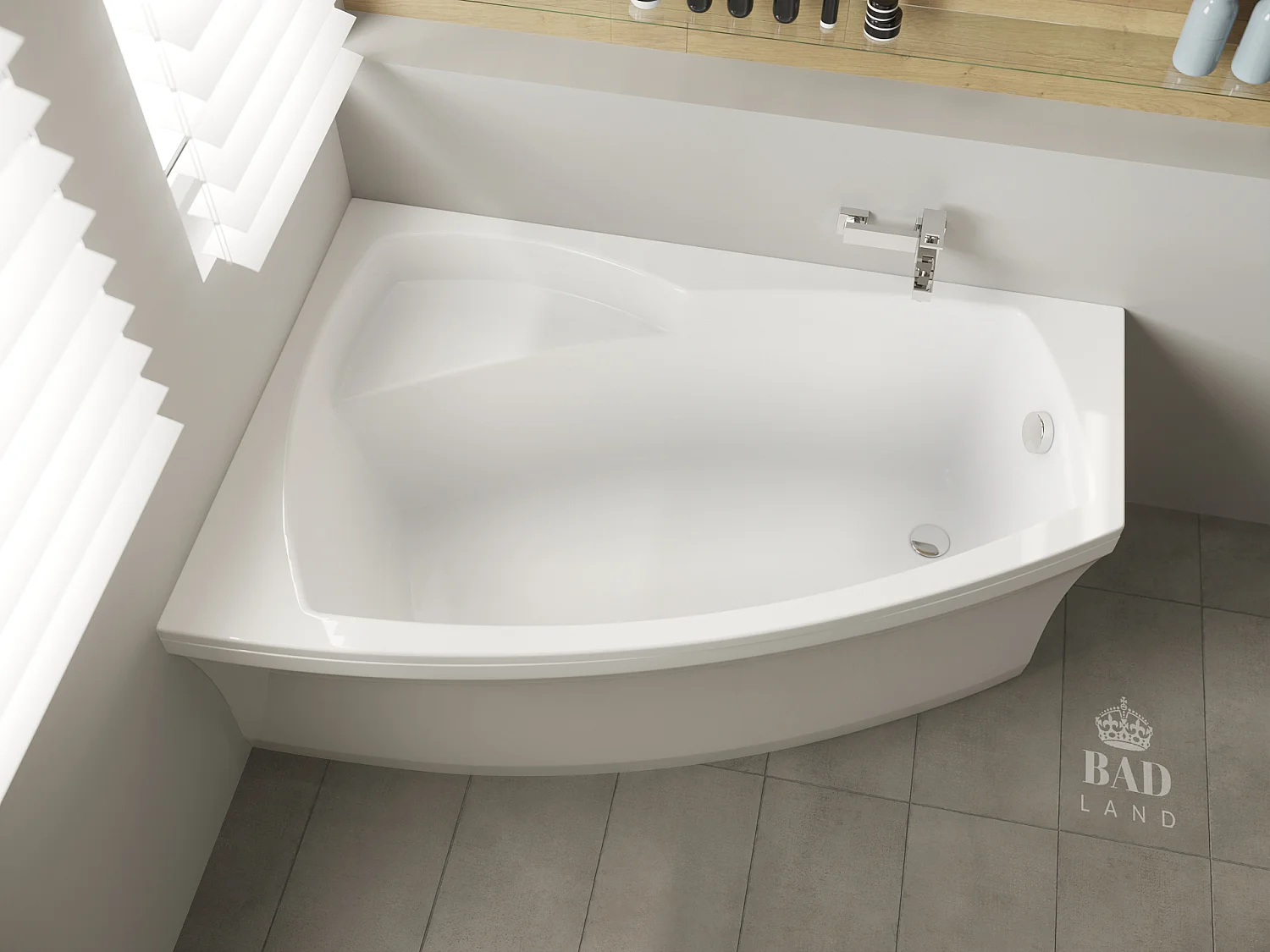 Baignoire asymétrique 160x105 Gauche FRIDA acrylique blanc + avec Tablier + Pieds + Vidage à chromé