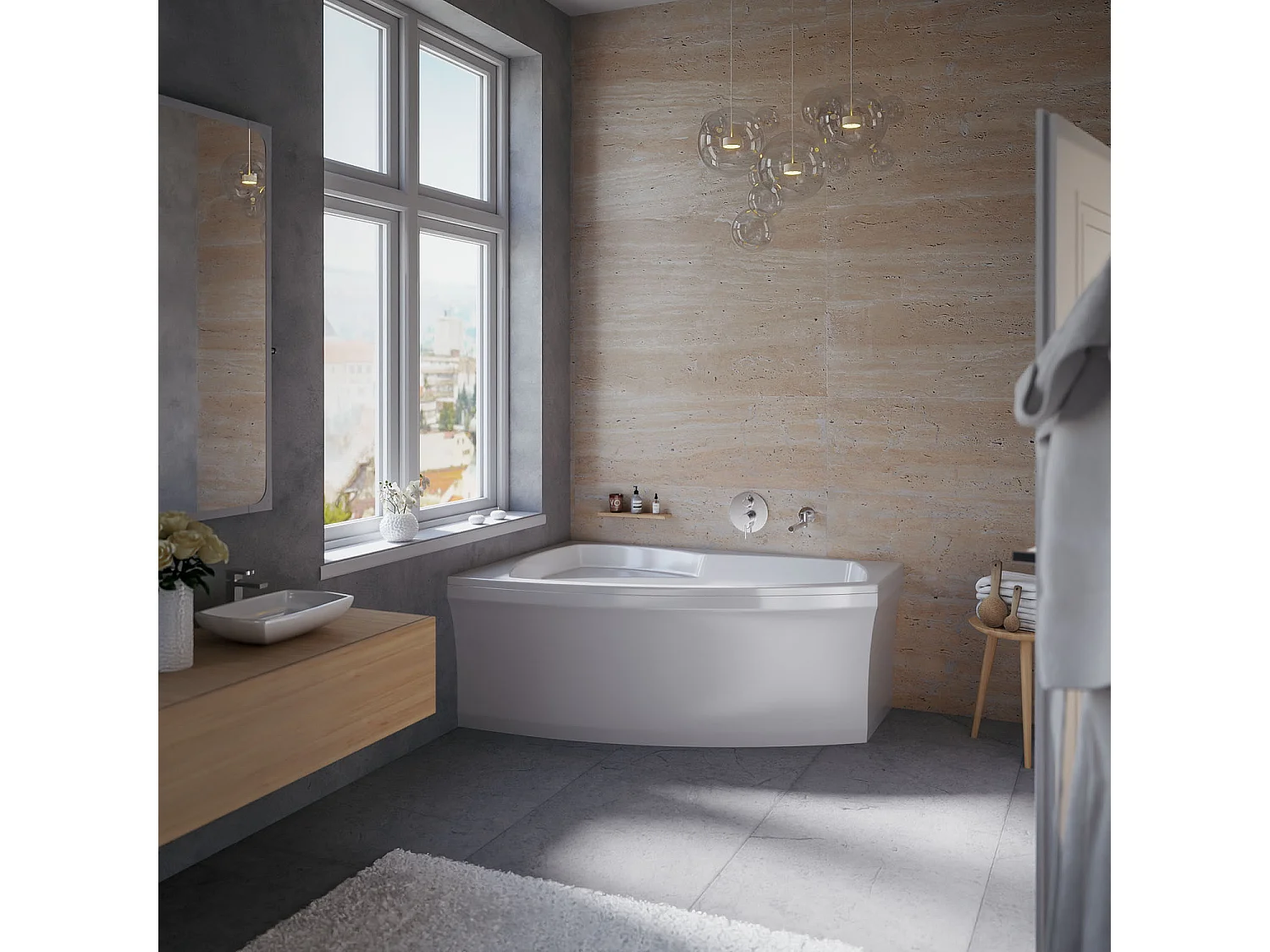 Baignoire asymétrique 160x105 Gauche FRIDA acrylique blanc + avec Tablier + Pieds + Vidage à chromé