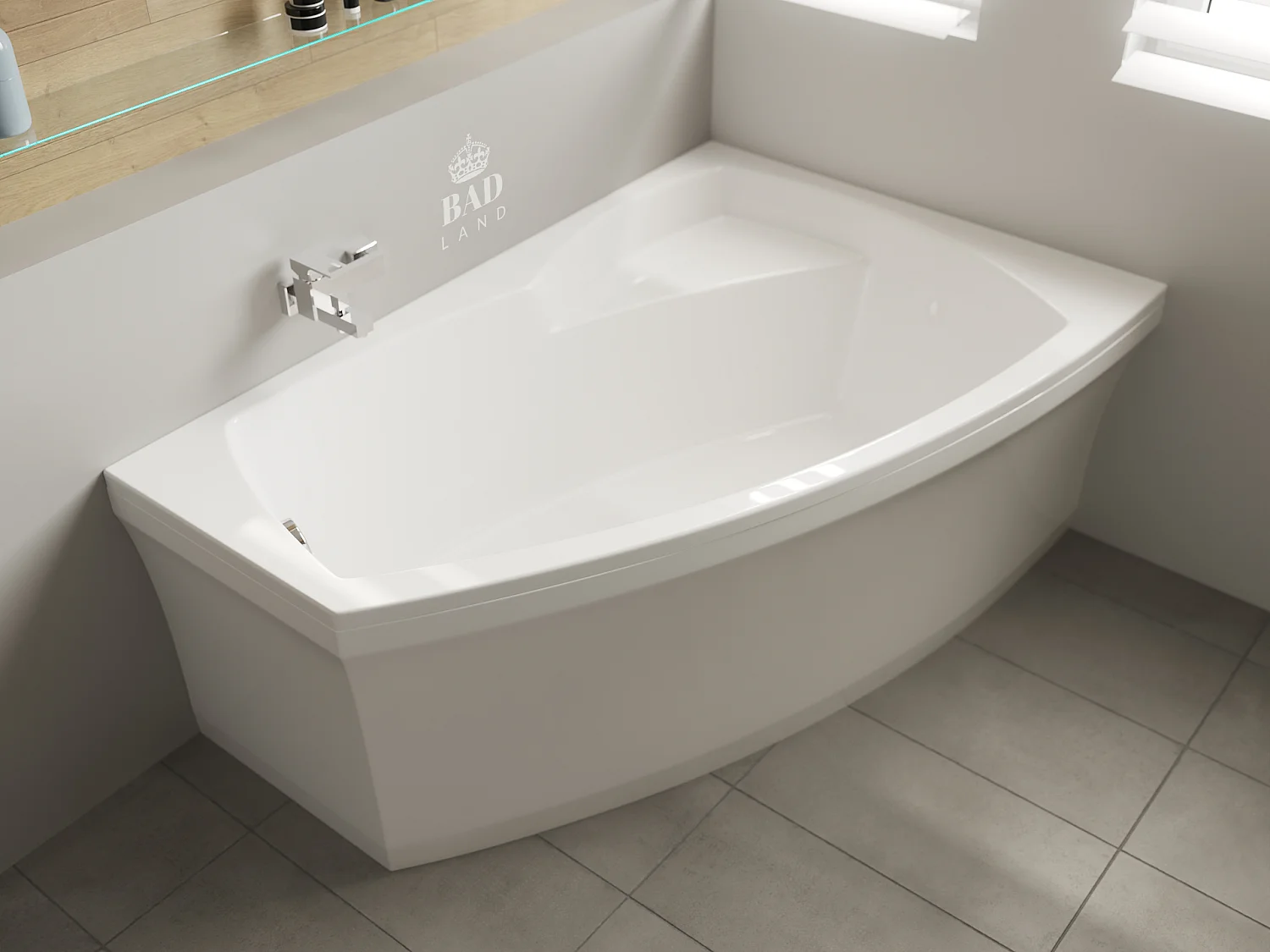 Baignoire asymétrique 160x105 Droite FRIDA acrylique blanc, sans Habillage + Pieds + Vidage à chromé