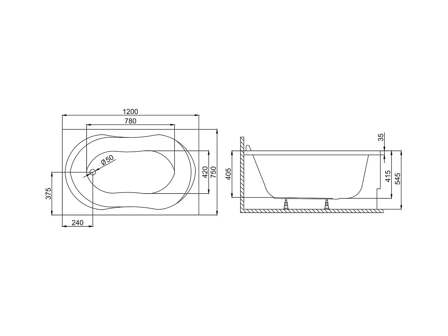 Baignoire rectangulaire 120x75 GRACJA acrylique blanc + Support stabilisateur en polystyrène + Pieds + Vidage à chromé