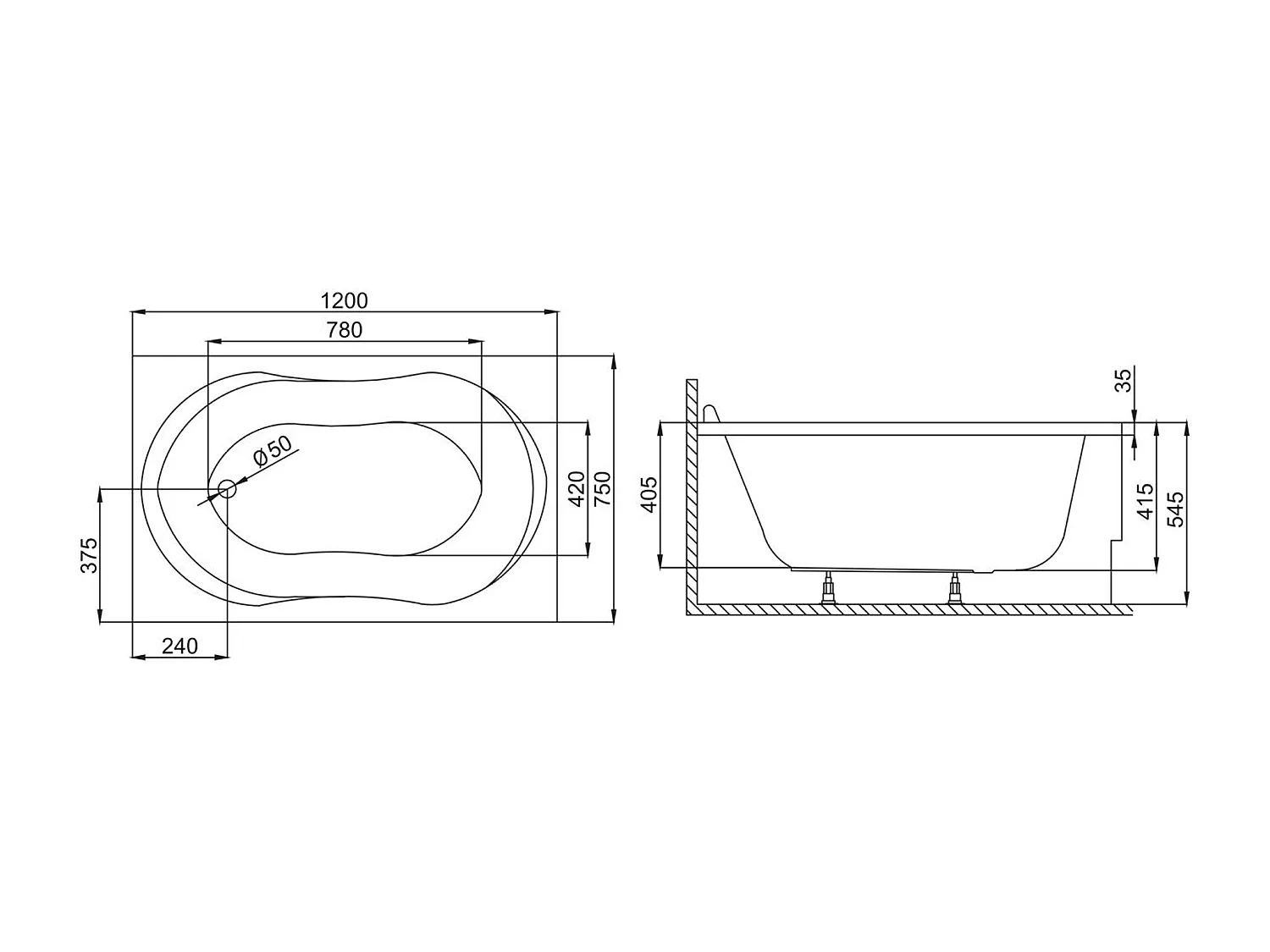 Baignoire rectangulaire 120x75 GRACJA acrylique blanc + Support stabilisateur en polystyrène + Pieds + Vidage à chromé