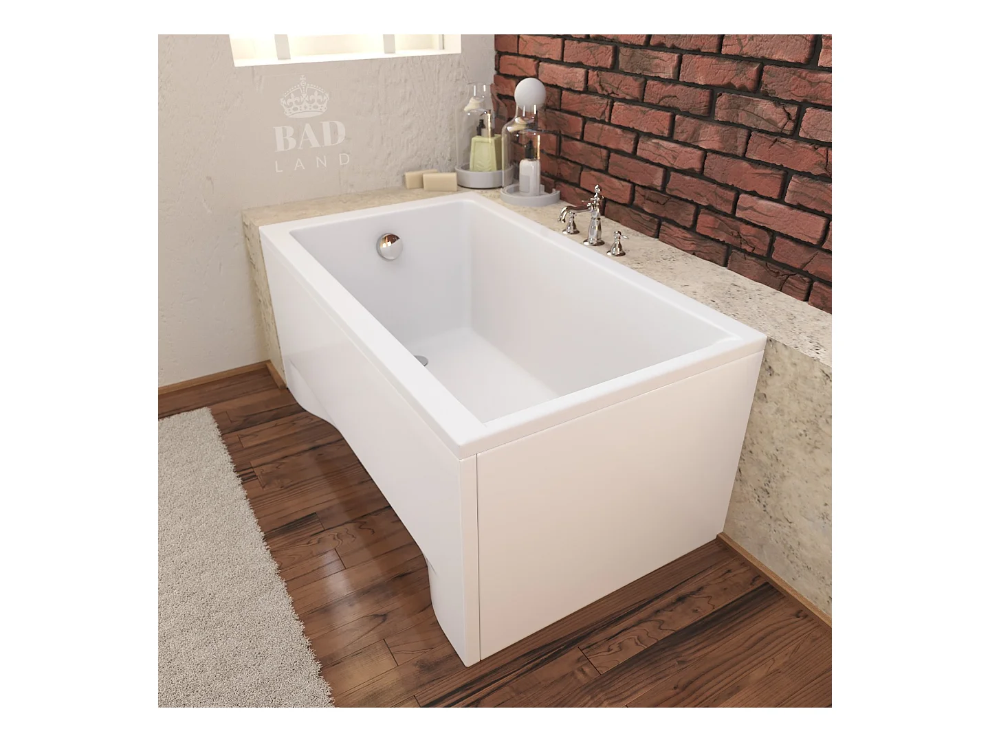 Baignoire rectangulaire 120x70 CAPRI acrylique blanc + avec Tablier + Pieds + Vidage à chromé