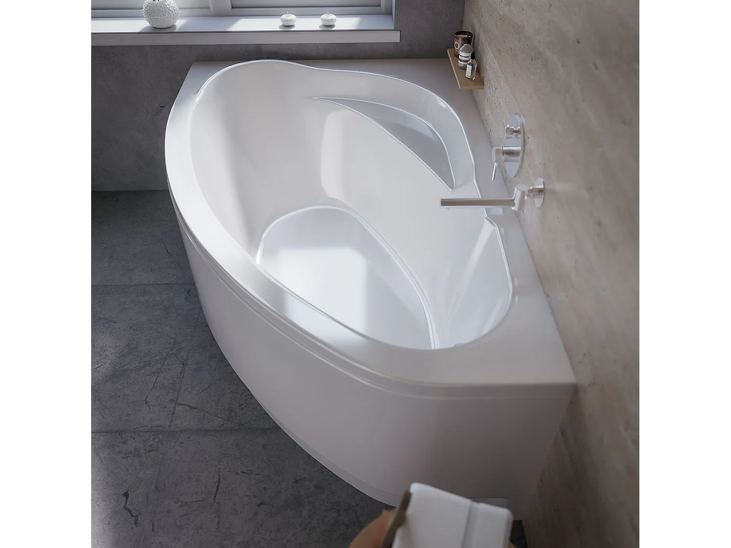 Baignoire asymétrique 160x100 Gauche MAREA acrylique blanc + avec Tablier + Pieds + Vidage à chromé