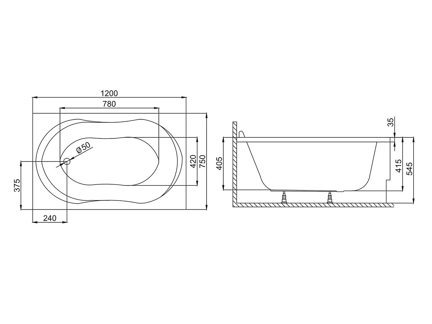 Baignoire rectangulaire 120x75 GRACJA acrylique blanc + Habillage en polystyrène + Pieds + Vidage à chromé