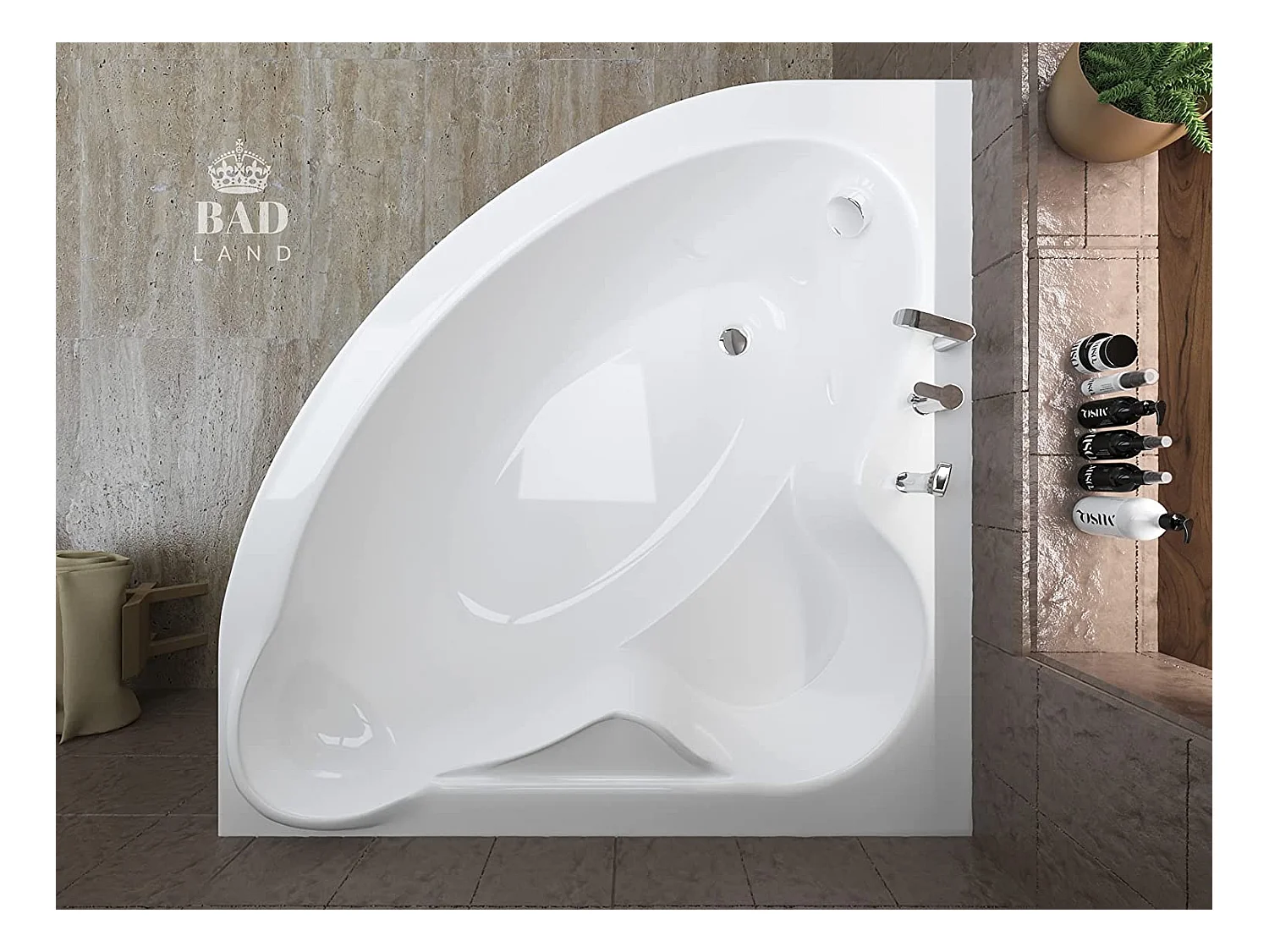 Baignoire asymétrique 120x120 STANDARD acrylique blanc + avec Tablier + Pieds + Vidage à chromé