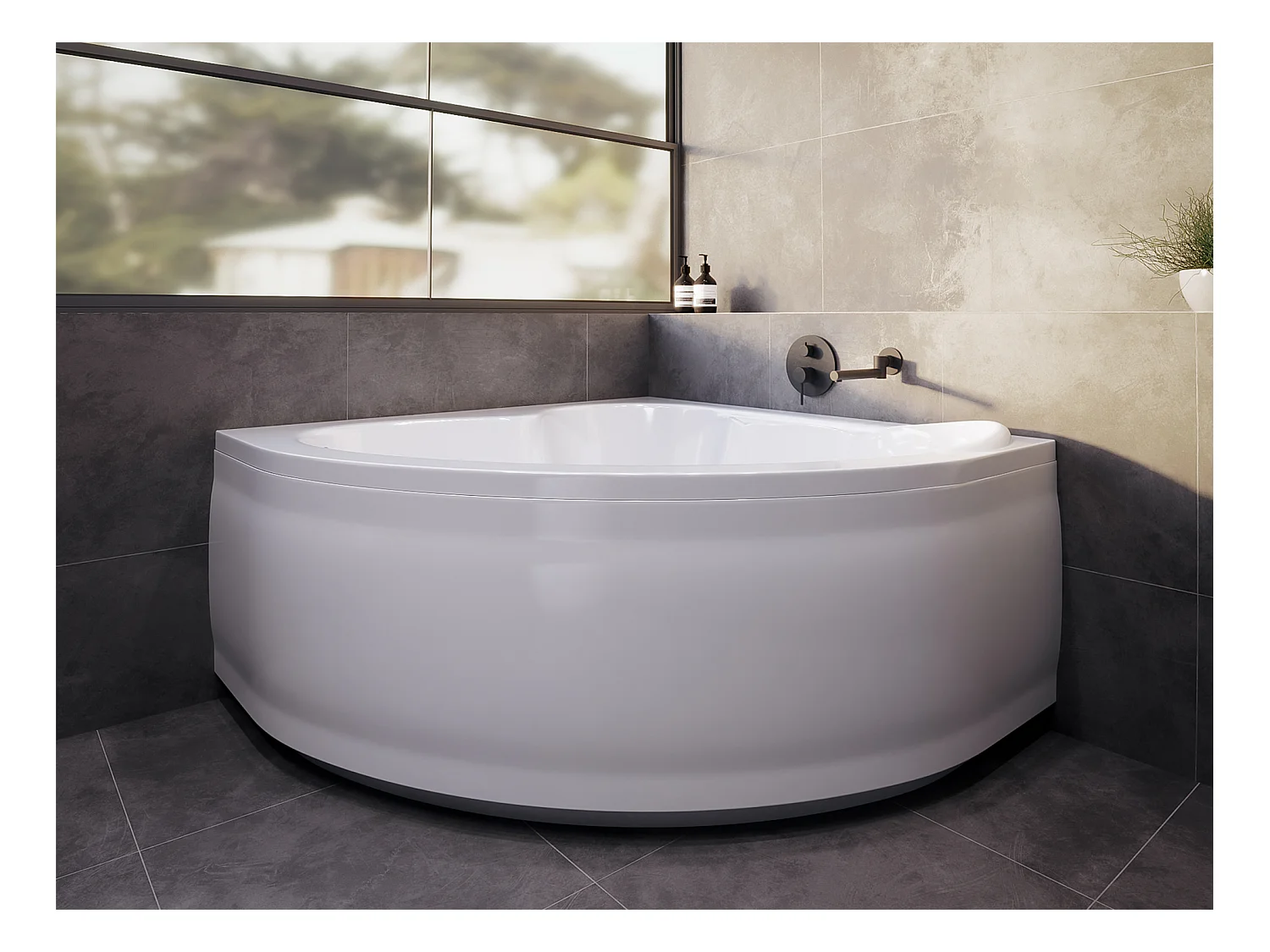 Baignoire asymétrique 120x120 STANDARD acrylique blanc + avec Tablier + Pieds + Vidage à chromé