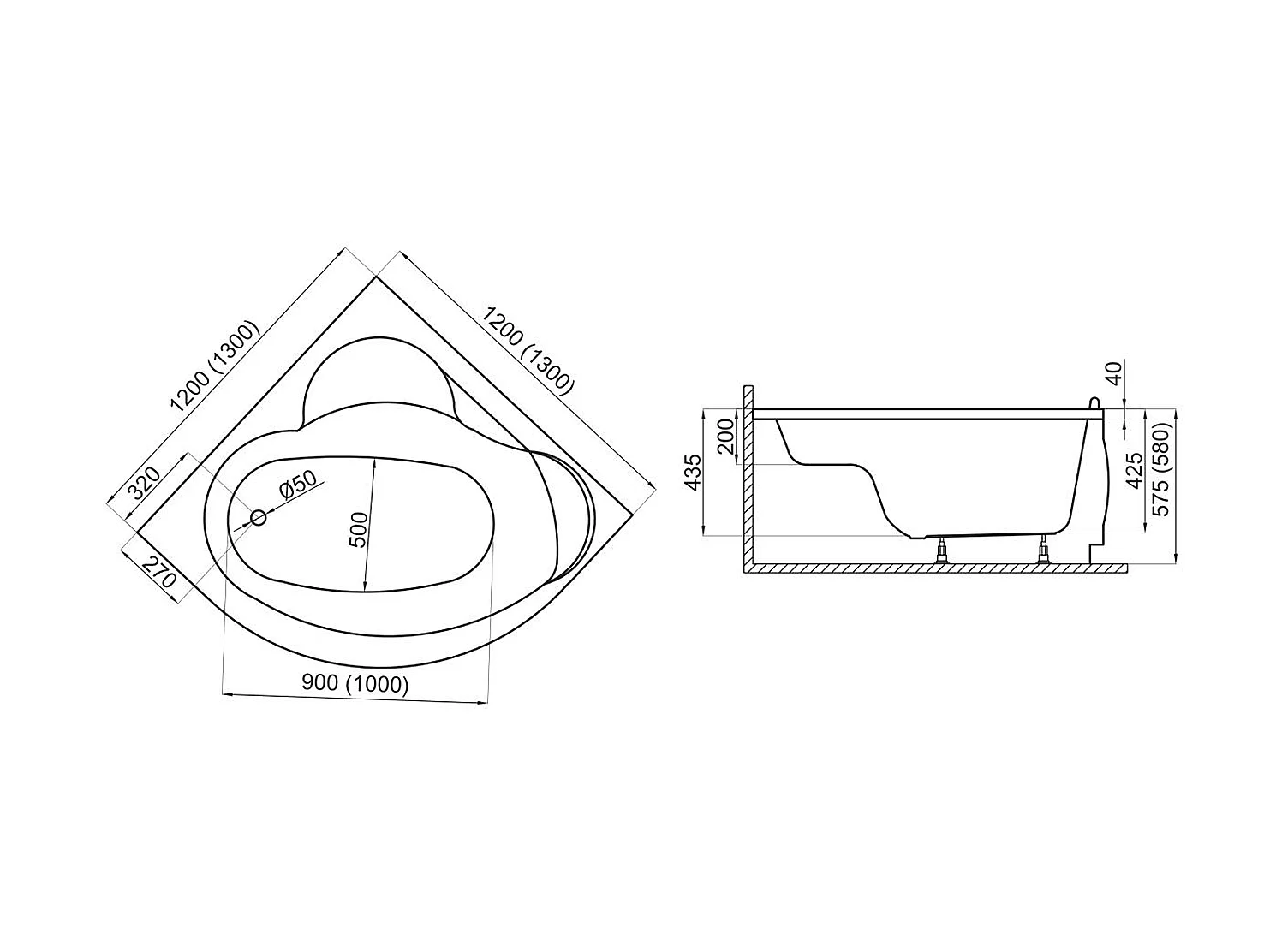 Badewanne Eckwanne STANDARD 120x120 mit AcrylSchürze | Ablauf & Füße GRATIS !