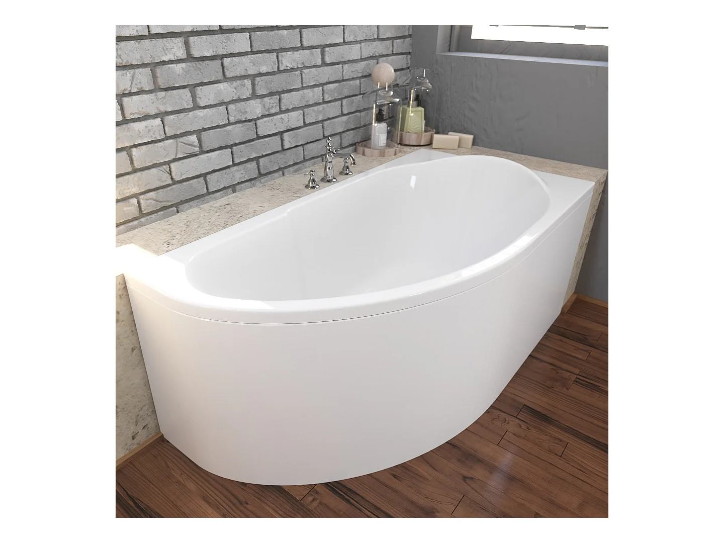 Baignoire asymétrique 140x70 Droite MIKI acrylique blanc + avec Tablier + Pieds + Vidage à chromé